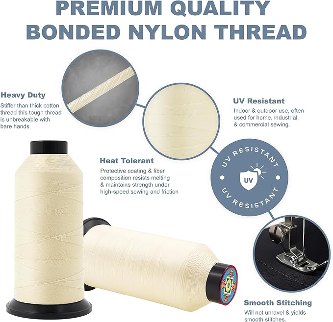 Mandala Crafts Size 92 280D T90 Bonded Nylon Thread - Ivory 1100 YDs Tex 90 Heavy Duty Sewing Threads for Leather, Jeans, Weaving, Outdoor Marine Upholstery