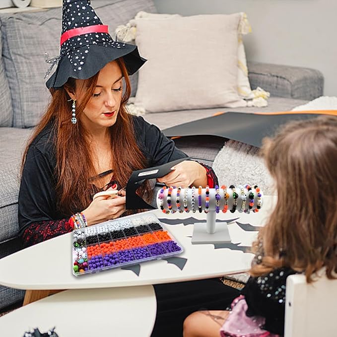 2480Pcs Halloween Beads for Jewelry Making, Halloween Bracelet Making Kit Skull Beads Polymer Clay Beads Heishi Beads 6mm 8mm Black White Orange Purple Round Beads for Bracelets Necklace Charm