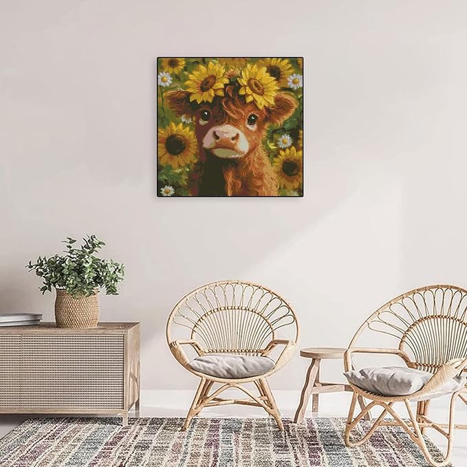 stamping cross stitch kit highland cow, counting cross stitch kit for adult beginners sunflower, cow full line diy cross stitch stitching kit for home decor cross stitch patterns 13.7x13.7 inches