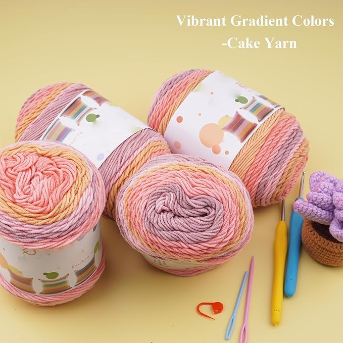 Ombre Cake Yarn for Crocheting 4PCS Gradient Yarn Cake-4x100g 45% Cotton 55% Acrylic Rainbow Cotton Yarn for Knitting,Shawls,Blankets,Scarves,Garments(Pink W/Yellow)