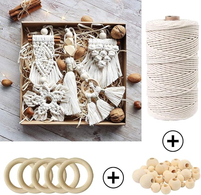 zxcdino 87pcs macrame kits for beginners 3mm x 220yards natural cotton macrame cord wall hanging kit, macrame supplies best for macrame plant hanger with wooden beads,wooden rings
