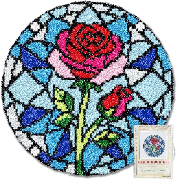 ORIGACH Stained Glass Rose Latch Hook Rug Kit for Adults Printed Rug Making Kit Handmade Carpet Tapestry Cover with Hook Latch and Preprinted Canvas, Home Arts Crafts Sofa Decor, 19.6x19.6inch
