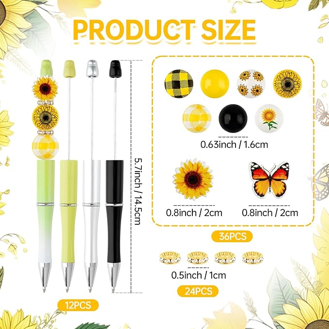 12 Set Sunflower Theme Plastic Beadable Pens DIY Set, Assorted Bead Pens Crystal Round Spacer Set Black Ink DIY Ballpoint for Teachers, Women Men Gift Office Supplies