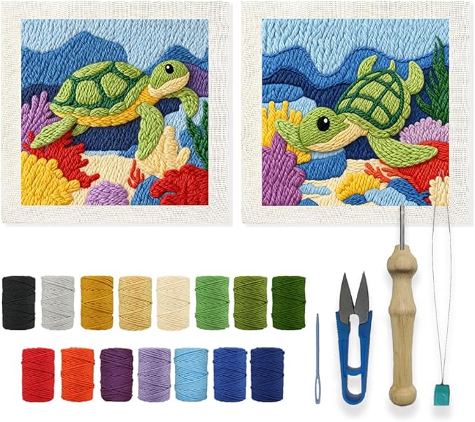 INFUNLY 2PCS Turtles Punch Needle Embroidery Kits for Beginners Sea Turtles DIY Punch Needle Starter Kit Animal Handcraft Cross Stitch Rug Hooking Kit with Instruction for Festival Gift Home Decor