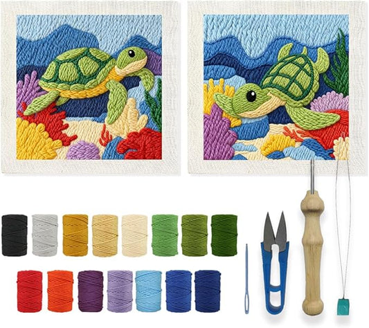 INFUNLY 2PCS Turtles Punch Needle Embroidery Kits for Beginners Sea Turtles DIY Punch Needle Starter Kit Animal Handcraft Cross Stitch Rug Hooking Kit with Instruction for Festival Gift Home Decor