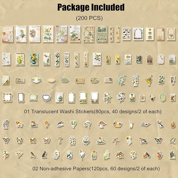 Esweny 200PCS Vintage Scrapbooking Supplies Kit for Journaling, Scrapbook Sticker Paper Pack for Junk Journal Planners Aesthetic Cottagecore Room Decor Wall Art Collage Album