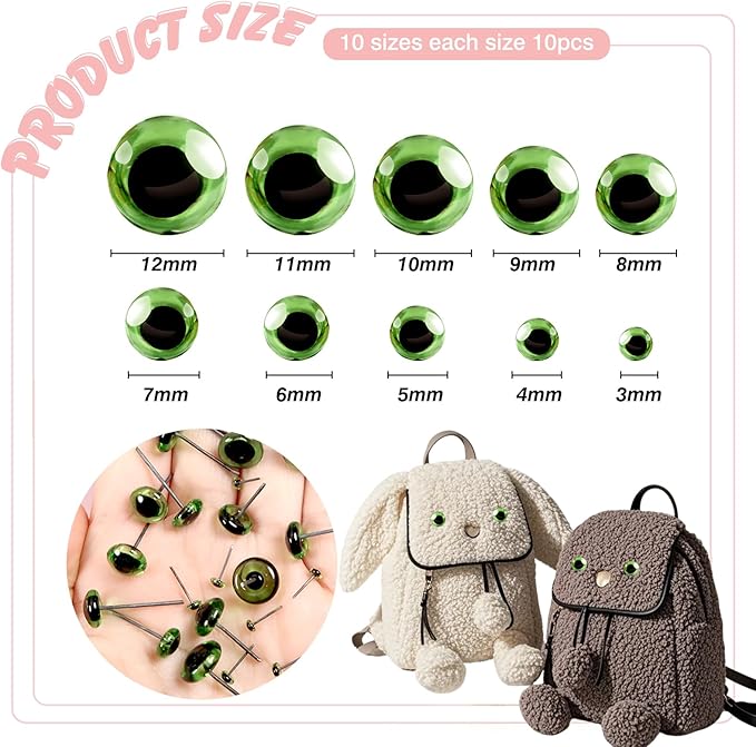 TOAOB 100pcs Green Glass Eyes Kits 3mm to 12mm Assorted Sizes for Crafts Needle Felting Decoys Sewing