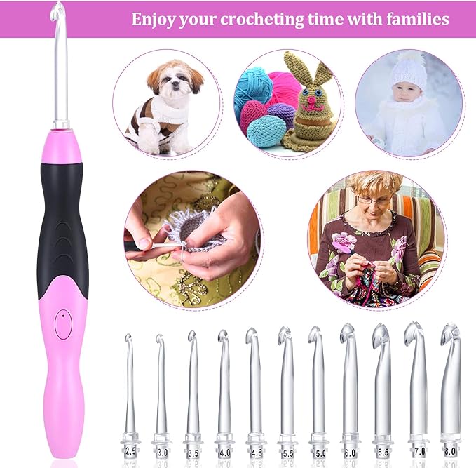 Chuangdi 11 Sizes Lighted Crochet Hooks Set Rechargeable Crochet Hook Light up Hooks with Case, Interchangeable Heads 2.5 mm to 8 mm for DIY Craft Supplies(Pink-Black)