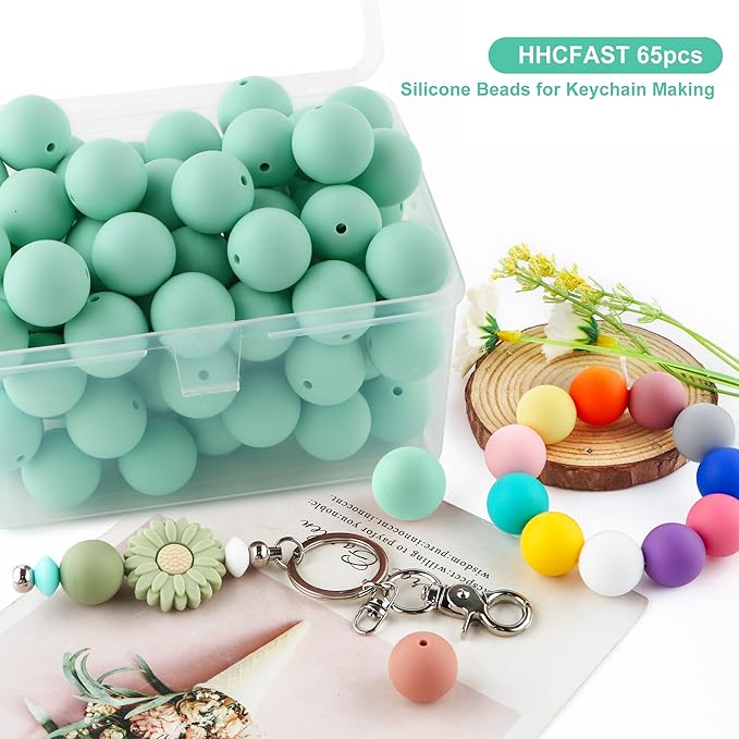65Pcs 19mm Silicone Beads for Keychain Making Bracelet Necklace, Bulk Round Silicone Beads for Pens（Mint Green）