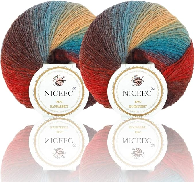 NICEEC 2 Skeins Soft Rainbow Yarn 100% Wool Gradient Multi Color Yarn for Crocheting Knit Total Length 180m×2(196yds×2,50g×2)-14