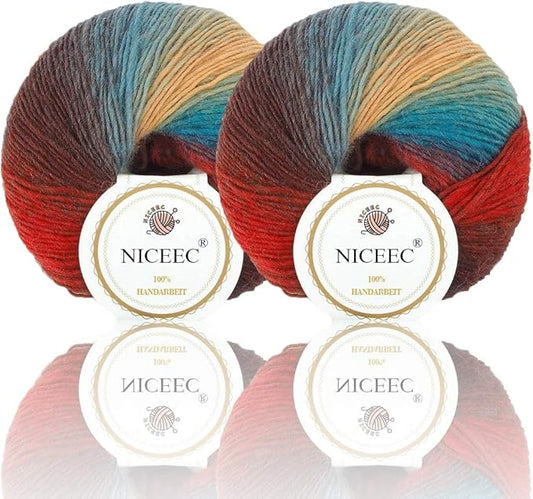 NICEEC 2 Skeins Soft Rainbow Yarn 100% Wool Gradient Multi Color Yarn for Crocheting Knit Total Length 180m×2(196yds×2,50g×2)-14