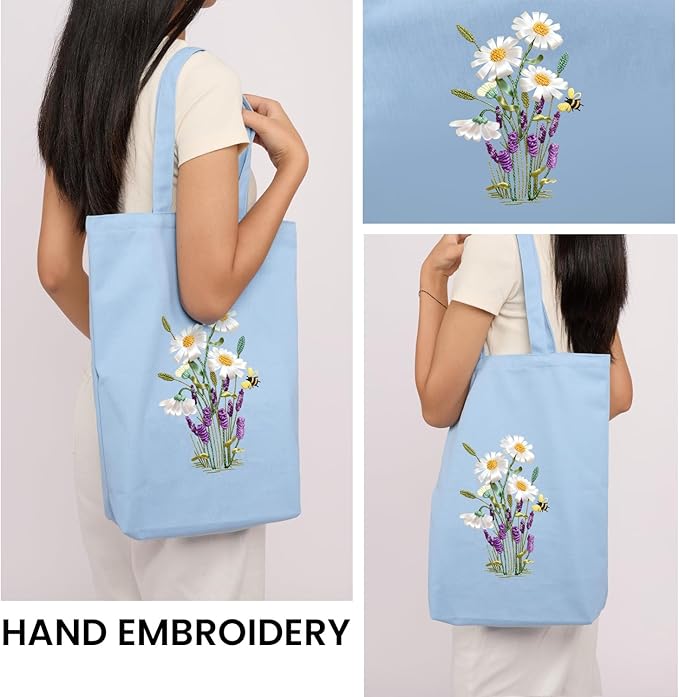 Canvas Tote Bag Embroidery Kit with Pattern for Beginners, Arts and DIY Embroidery Crafts Kits for Adults, Instructions, Embroidery Hoops, Color Threads (lightblue, CR002 huaxiangyiren lightblue)