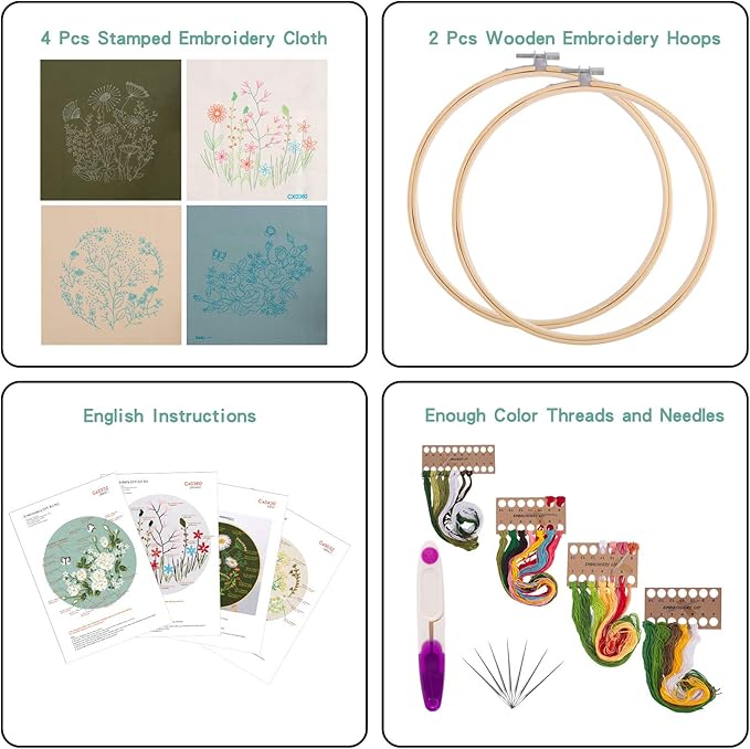 Picoey Embroidery Starters Kit with Pattern for Beginners, 4 Pack Cross Stitch Kits, 2 Wooden Embroidery Hoops,Scissors,Needles and Color Threads,Needlepoint Kit for Adults