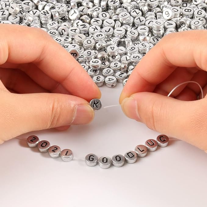 Yochus 1000pcs Silver Mixed Round Acrylic Letter Beads 4x7mm Black Alphabet Number Beads for Jewelry Making and DIY Bracelets