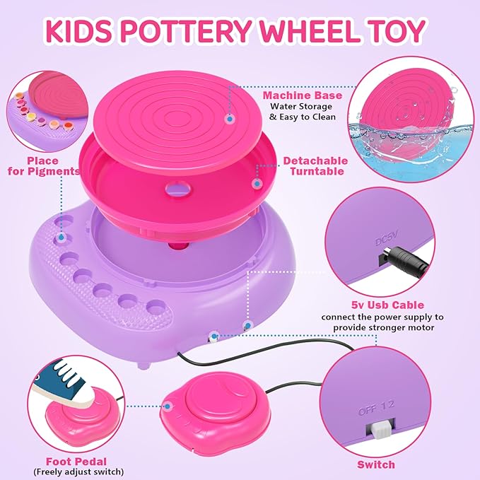 Pottery Wheel for Kids, Arts & Crafts Pottery Painting Toys Kit for Kids Ages 8-12, Art Supplies with 3 Pack Air Dry Clay and Clay Tools, Birthday Easter Gift for Girls Boys 6 7 8 9 10 11 12