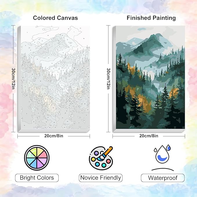 Yezavesu Framed Paint by Numbers Kit for Adults Beginner & Kids Ages 8-12, Mountain Paint by Numbers with Frame, DIY Number Painting for Adults Watercolor Forest for Home Wall Decor Gift 8X 12 inch