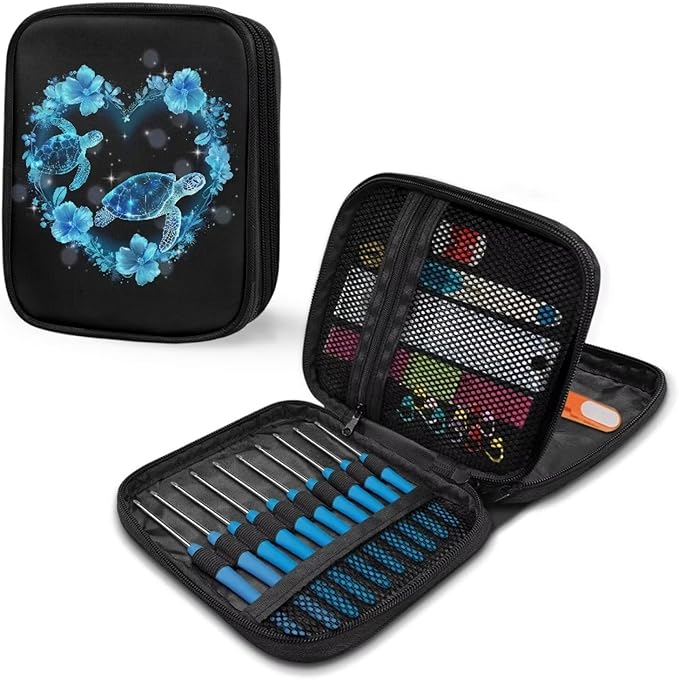 Hechitok Turtle Floral Crochet Hook Case Zipper Storage Organizer Bag with Pockets for Various Crochet Needles/Knitting Accessories/Crochet Hook Kit Tools