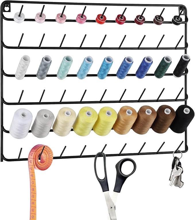 YBING Thread Holder Wall 54 Spools Thread Rack Embroidery Spool Thread Organizer Wall Mounted with Hanging Tools for Quilting Black Metal