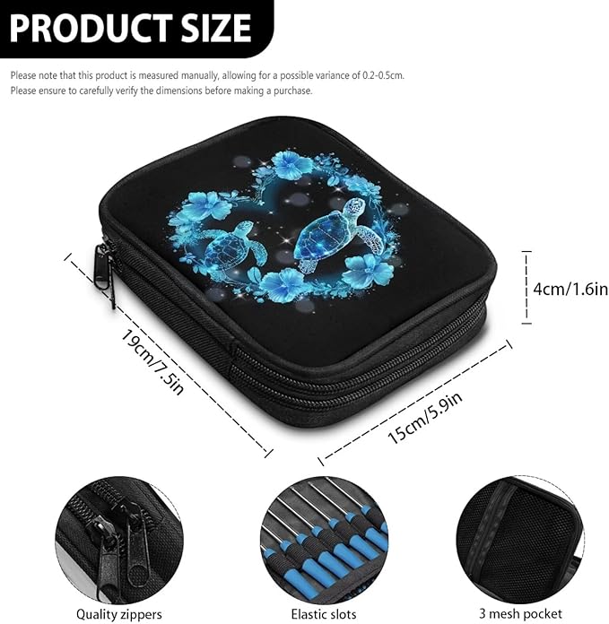 Hechitok Turtle Floral Crochet Hook Case Zipper Storage Organizer Bag with Pockets for Various Crochet Needles/Knitting Accessories/Crochet Hook Kit Tools
