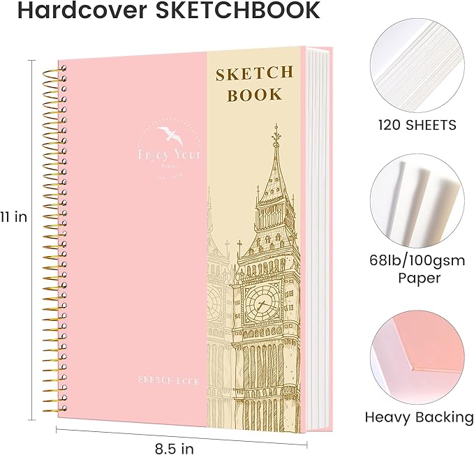 FLYING EAGLE Hardcover Sketchbook for Drawing 8.5 x 11 Spiral Sketch Book for Adults Women Kids with 100gsm 68lb 120 Sheets Premium Paper Sketch Pad for Drawing Books Notebook Art Supplies, Pink