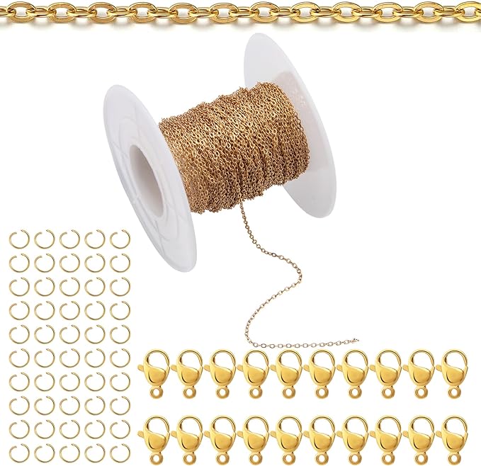 Topacket 33Feet 18K Gold Stainless Steel Necklace Chains Cable Link Chains for Jewelry Making DIY Craft Kit with Lobster Clasps Jump Rings