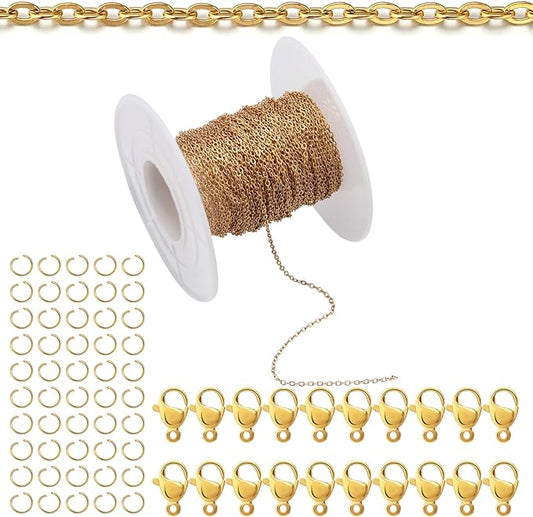 Topacket 33Feet 18K Gold Stainless Steel Necklace Chains Cable Link Chains for Jewelry Making DIY Craft Kit with Lobster Clasps Jump Rings