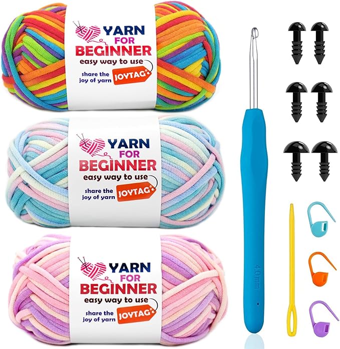 3 Pack Beginners Crochet Yarn Rainbow Cotton Crochet Yarn for Crocheting Knitting Beginners Crochet Kit with Easy-to-See Stitches Cotton-Nylon Blend (3x50g)-Variegated Mix 01