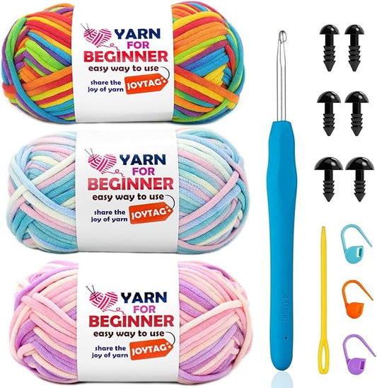 3 Pack Beginners Crochet Yarn Rainbow Cotton Crochet Yarn for Crocheting Knitting Beginners Crochet Kit with Easy-to-See Stitches Cotton-Nylon Blend (3x50g)-Variegated Mix 01