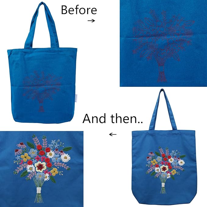 CREAWONDER Canvas Tote Bag Embroidery Kit with Pattern for Beginners, Arts and DIY Embroidery Crafts Kits for Adults, Include Instructions, Thimble, Embroidery Hoops, Color Threads and Tool