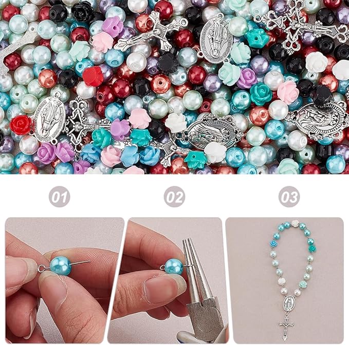 PH PandaHall 767pcs Rosary Jewelry Making Kit Prayer Necklace Supplies 8mm Round Pearl Beads Cross Charms Pendants Flower Rose Beads for Rosary Bracelet Necklace Earring Easter Ramadan Jewelry Making