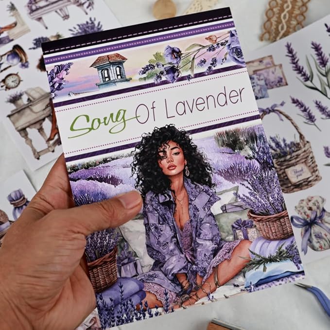 Song of Lavender Scrapbook Stickers for Women, 20 Sheets A5 Die-Cut Journaling Sticker Book for Adutls, Junk Journal Supplies, Planners, Bujo, Assorted PET Washi Paper Materials