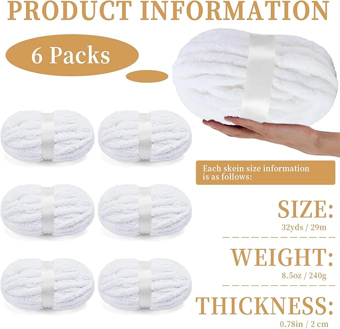 Chunky Chenille Yarn for Crocheting/Arm Knitting, Super Soft Jumbo Knit Blanket Yarn White 6 Pack (32 yds, 8.5 oz Each Pack)