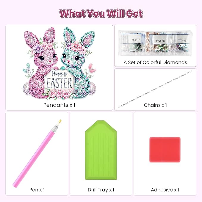 MOGTAA Easter Bunny Diamond Art Hanging Kits for Adults Beginners, Flowers Diamond Art Suncatchers, 5D Special Shape Diamond Painting Window Pendant Kit for Home Garden Wall Decor