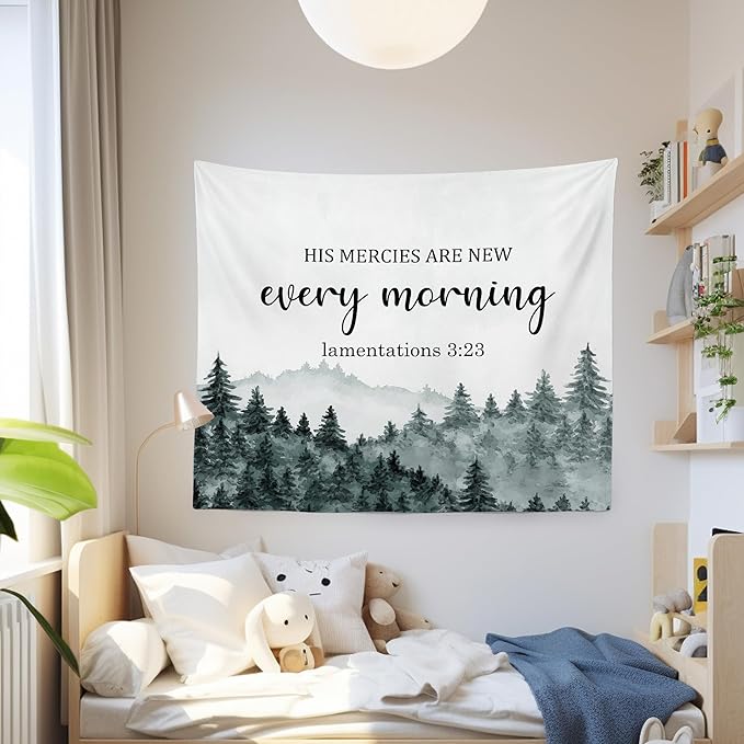 MNASAIOO Christian Mountian Wall Tapestry Hanging for Bedroom, Bible Verse Scripture His Mercies Are New Every Morning Tapestries, Watercolor Wall Decor Banner for Living Prayer Room Church 50x60in