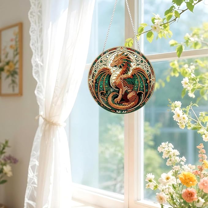 Lxmsja DIY Dragon Stained Glass Diamond Painting Hanging Ornament, Double-Sided Acrylic Fantasy Dragon Diamond Art Kit, Special Shaped Suncatcher Hanging Pendant Window Art Kit