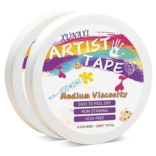 2 Packs Artist Tape Medium Tack White Art Tape for Watercolor Paper Drafting Art Painting Canvas Framing Acid Free Masking Tape- 0.5IN Wide 197FT Long Total