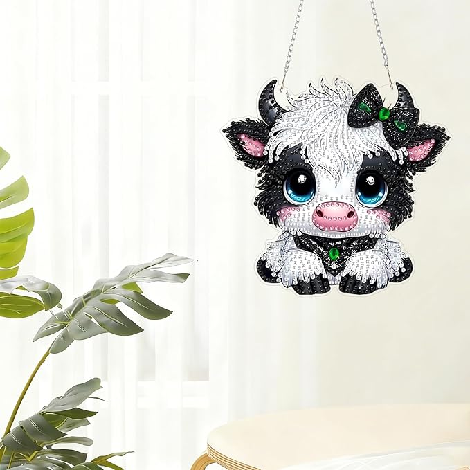 RYMILIE Diamond Art Hanging Kits for Adults,Cow Special Shaped Diamond Painting,Double Sided 5D DIY Acrylic Diamond Art Painting Window Pendants Home Garden Wall Hanging Kits Cow Ornament.