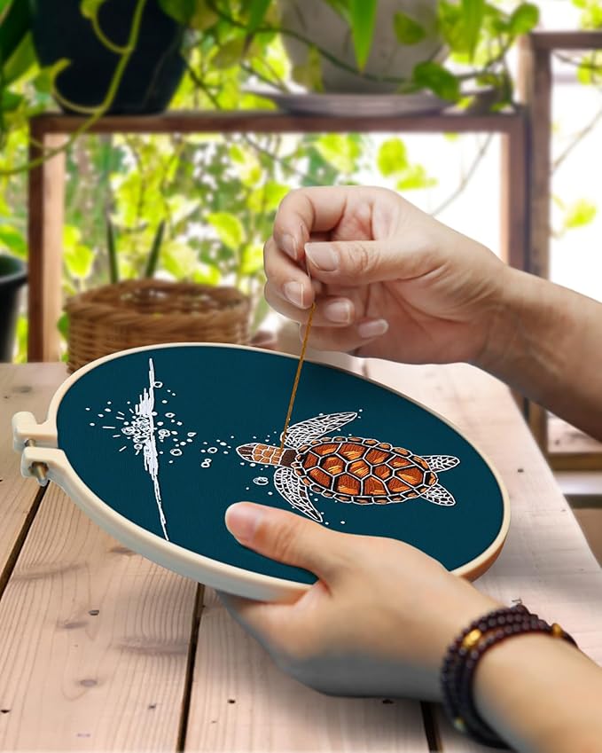 TINDTOP Embroidery Kit for Beginners Adult, Turtle Embroidery Practice Kit for Beginners Include Embroidery Cloth Hoops Threads for Craft Lover Hand Stitch with Embroidery Skill Techniques