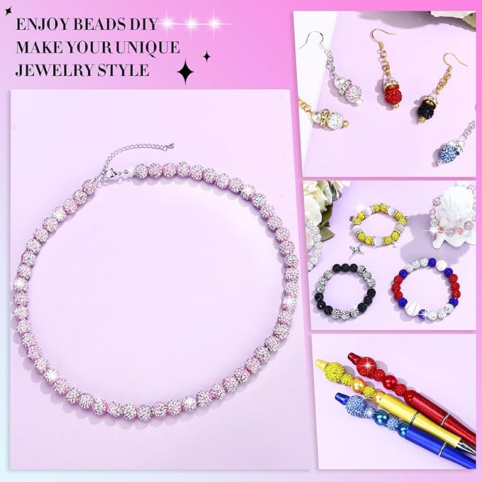 Dowarm 255PCS 10mm Rhinestone Beads, Pink Rhinestone Clay Beads for Baseball Necklace Bracelet Jewelry Making Crafts Beaded Pen, Round Polymer Clay Shamballa Pave Disco Diamond Bead