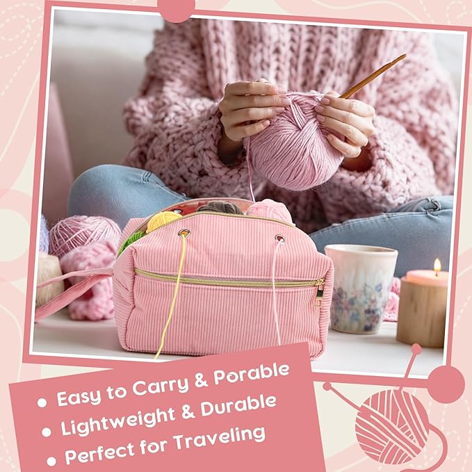 Bulyoou 2 Pcs Crochet Bag and Tote Set Corduroy Yarn Bag for Hooks Organizer Yarn Holder for Crochet Lovers Knitting Accessories(Pink)