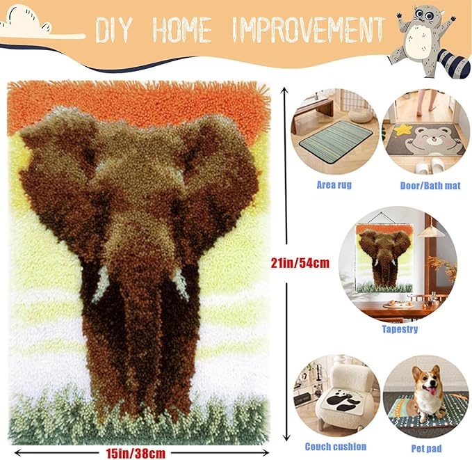 Latch Hook Kits for Adults - DIY Latch Hook Rug Kits, Crochet Kit for Beginners, Rug Making Kits with Printed Canvas, Gift Packaging. (Elephant,15x21)