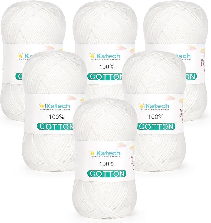 Katech Pure Cotton Yarn for Crocheting & Knitting–Soft Sport Weight CYC #2, 6 Skeins (50g Each, 300g Total), Ideal Crochet Yarn for Dishcloths, Baby Clothes, Socks, Lightweight Scarves（Soft White）