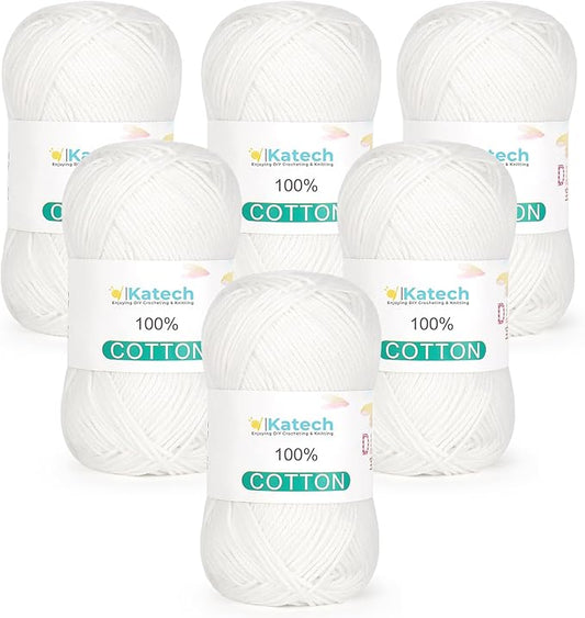 Katech Pure Cotton Yarn for Crocheting & Knitting–Soft Sport Weight CYC #2, 6 Skeins (50g Each, 300g Total), Ideal Crochet Yarn for Dishcloths, Baby Clothes, Socks, Lightweight Scarves（Soft White）