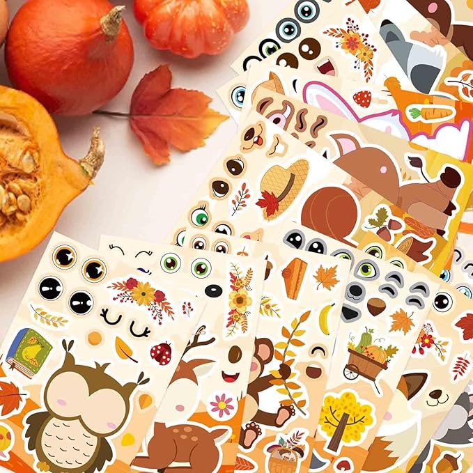 24 sheets fall stickers, make-a-face sticker, fall animal stickers for kids make your own animal mix and match sticker sheets kids party favor supplies craft