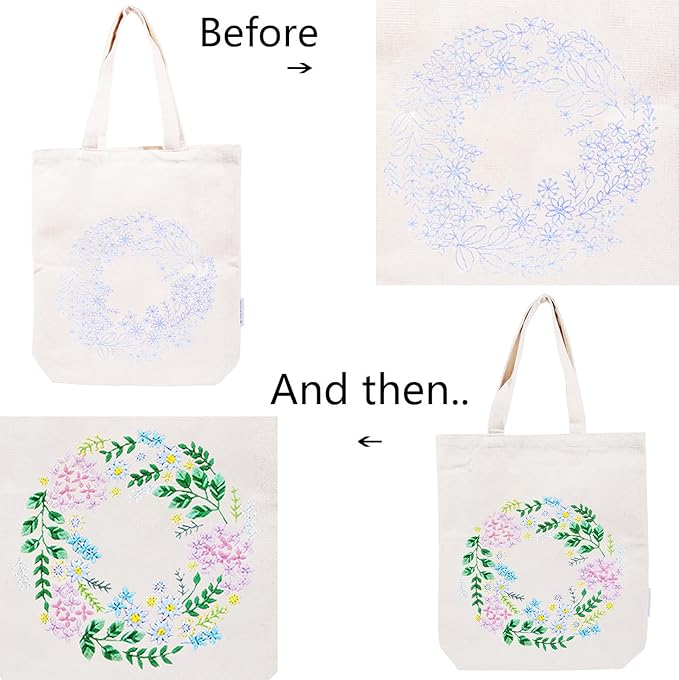 CREAWONDER Canvas Tote Bag Embroidery Kit with Pattern for Beginners, Arts and DIY Embroidery Crafts Kits for Adults, Include Instructions, Thimble, Embroidery Hoops, Color Threads and Tool