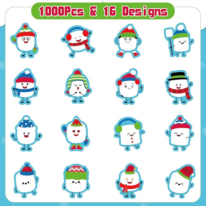 beyumi winter cute marshmallow sticker - 1000pcs winter marshmallow stickers in 2 rolls winter christmas adhesive kawaii marshmallow decal holiday party favor classroom office bottle decor