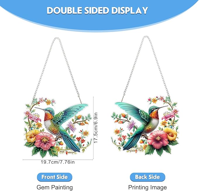 Hanging Diamond Art Kit for Adult, Hummingbird, 5D Special Shaped Rhinestone Diamond Painting Ornament, Hummingbird Flowers, DIY Acrylic Diamond Art Painting Window Pendants Home Garden Wall Decor
