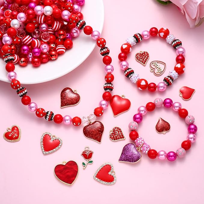 320 Pieces Valentine’s Day Beads Heart Charms for Necklace Bracelet Jewelry Making Red Crystal Pearl CCB Beads Rhinestone Glitter Heart Pendant Charms for DIY Crafts Decorations