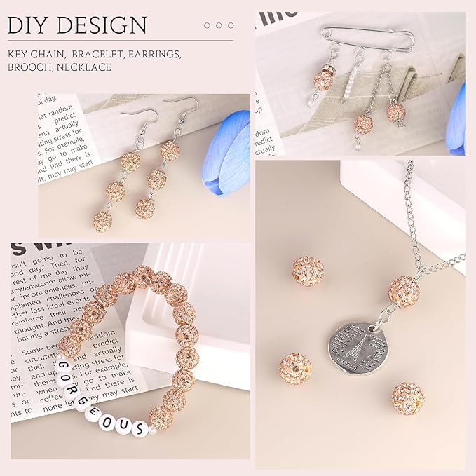 150 pcs 10mm Rhinestone Beads for Jewelry Making, Light Peach Shiny Round Shamballa Disco Beads Bulk, Sparkle Crystal Clay Christmas for Bracelet Baseball Necklace Earring Crafting and DIY