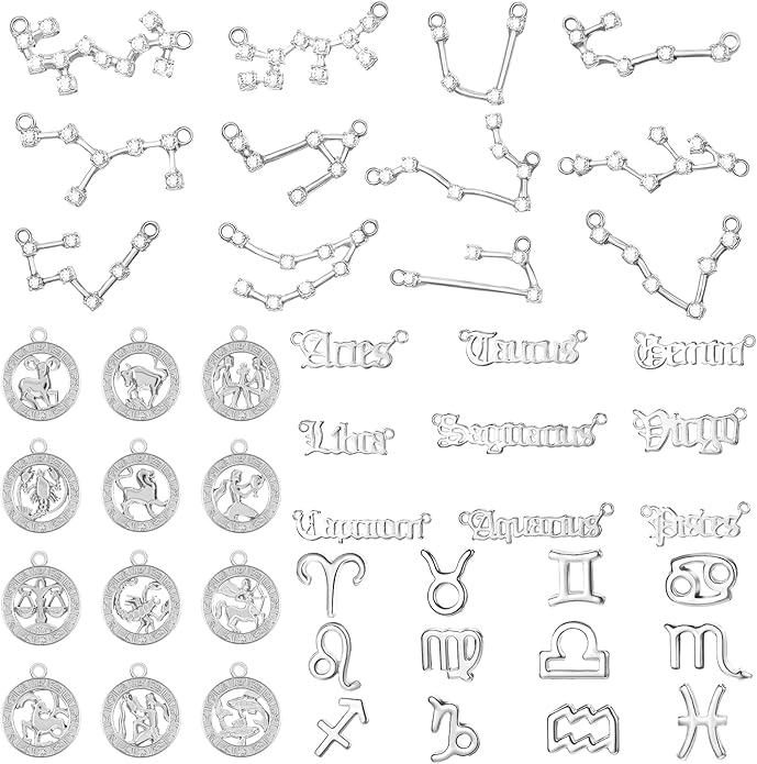 Hicarer 48 Pcs Zodiac Charms Bulk for Jewelry Necklace Bracelet Making, 4 Styles Symbol Name Diamond Alloy Zodiac Pendants Horoscope Sign with Cards